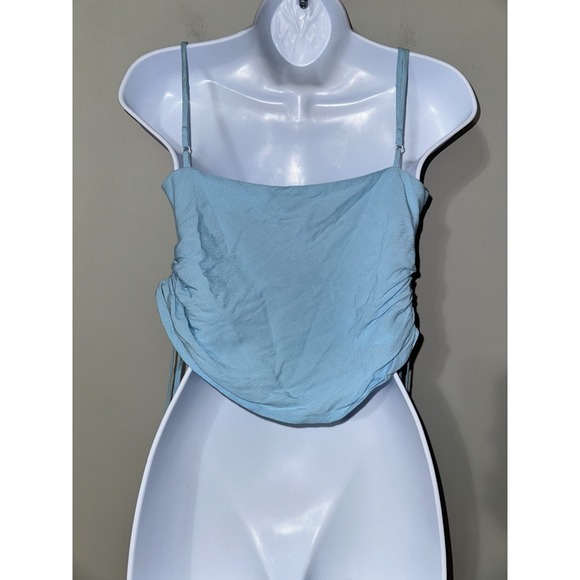 STAUD Blue Cowl Neck Spaghetti Strap Crop Top Size 4 Ruched Sides - Picture 4 of 5